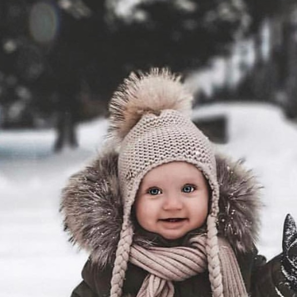 Toddler Knit hat with real raccoon fur Pom - New